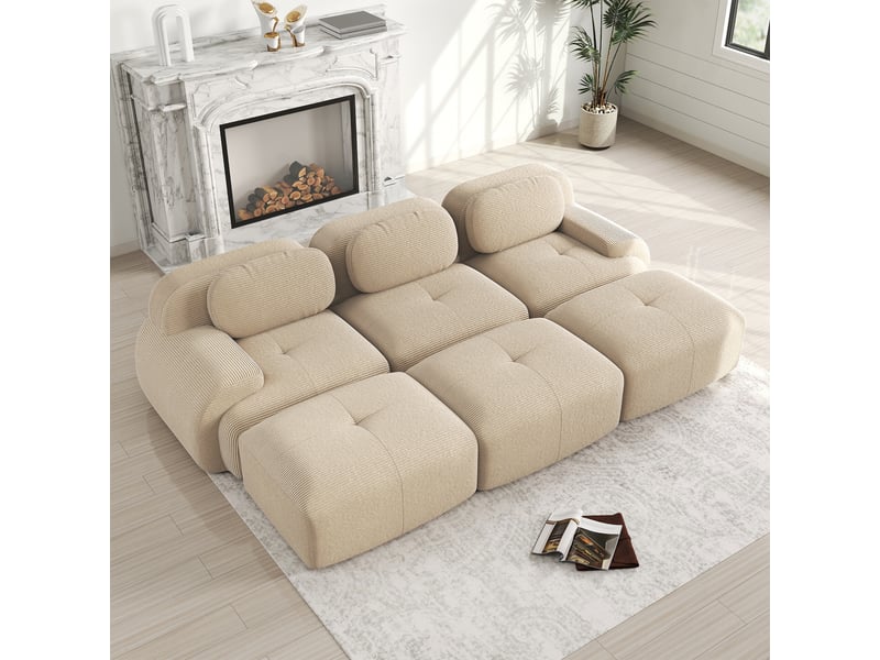 Canapé modulable, canapé 3 places, en velours tricoté, beige, sans montage, sans structure, home cinéma, pour salon - Conforama R