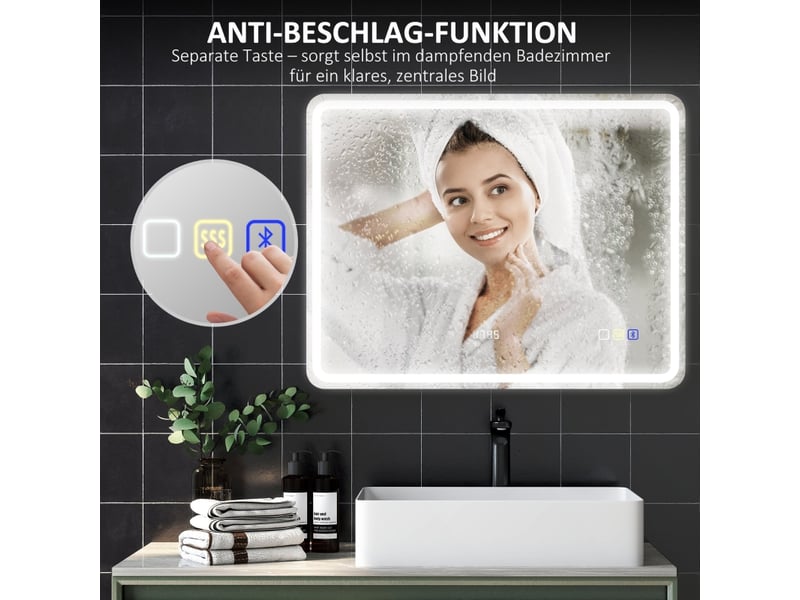  Miroir de salle de bain led 70x90 cm, miroir mural avec fonction musique bluetooth, horloge intégrée, anti-buée ip44 et 3 couleurs d'éclairage.  - Conforama D