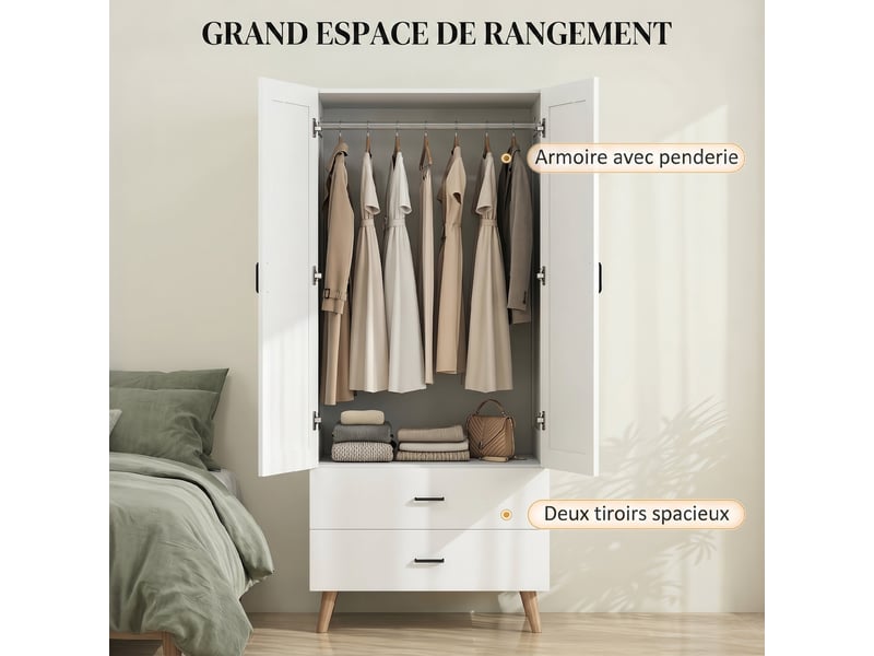 Armoire chambre penderie 2 portes à fermeture douce, 80x54x180cm, 2 tiroirs et barre de suspension, blanc  - Conforama E