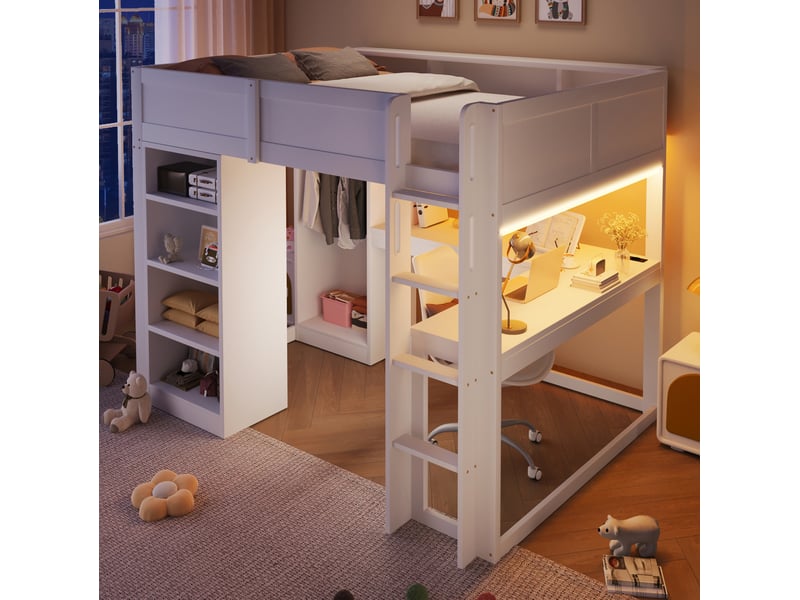  Lit mezzanine 140x200 cm, avec matelas non inclus, bureau en l, dressing, led, rangements, pin et mdf, blanc  - Conforama B