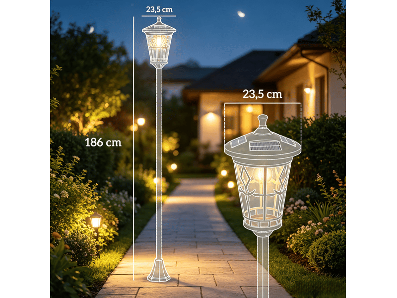  Lot de 2 lampadaires solaires de jardin 23,5 x 23,5 x 186 cm en acier inoxydable et abs réglables en hauteur noirs chicfurn  - Conforama C