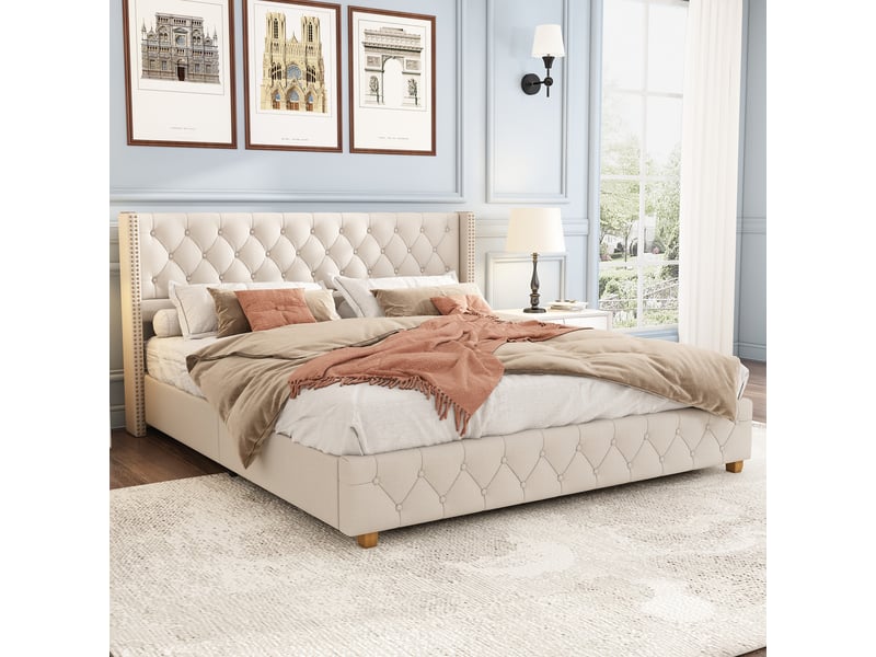 Lit en lin beige 160 x 200 cm  - Conforama D