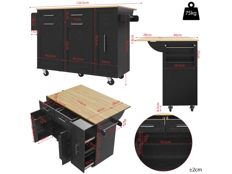 Desserte cuisine, îlot central sur roulettes avec plan de travail, plateau extensible, dimensions 110 x 46 x 90,5 cm, mdf, noir - Conforama C