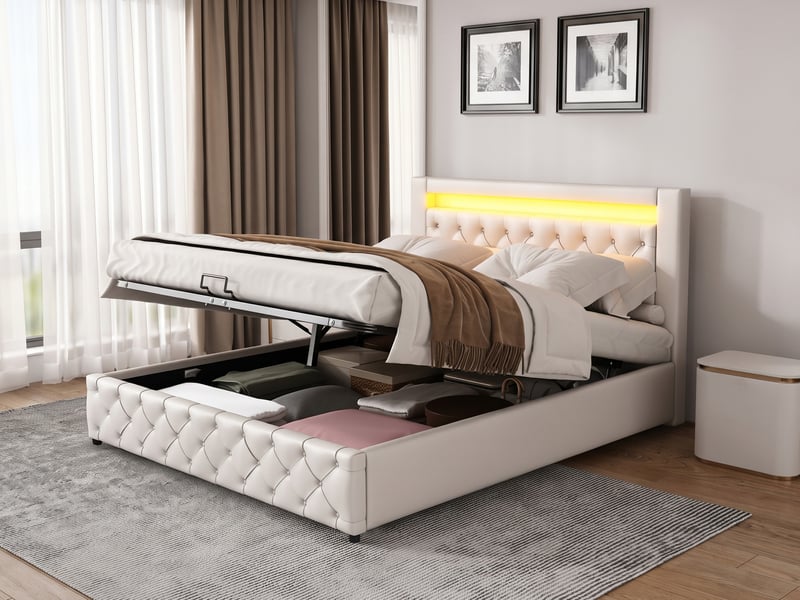  Lit coffre 140 × 190 cm, revêtement pu, sommier à lattes, rangement hydraulique, éclairage led, sans matelas, blanc  - Conforama B