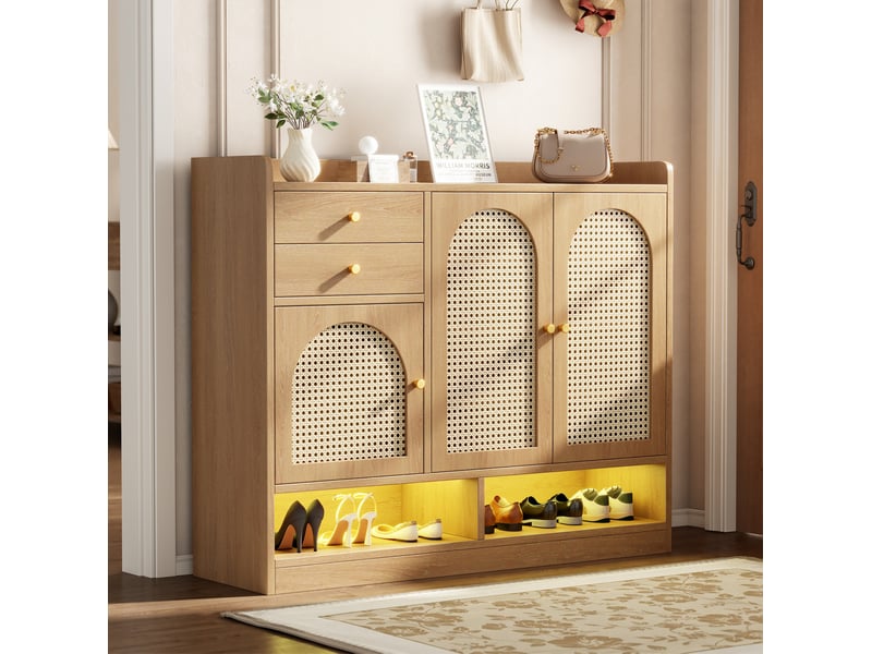  Meuble à chaussures 120x35x100 cm avec 3 portes en rotin et 2 tiroirs, led mdf couleur naturel, design simple  - Conforama D