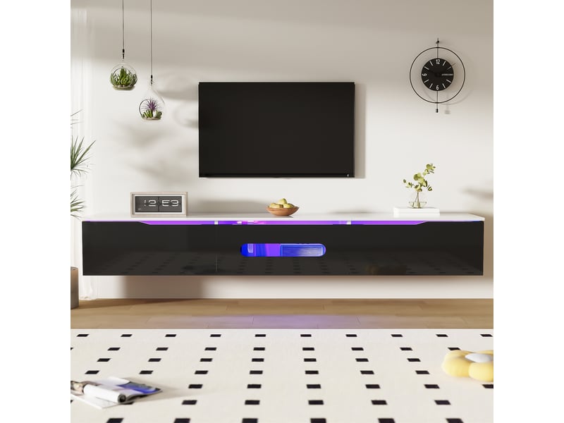  Meuble tv avec 3 portes à fermeture douce led pour salon 180×35×30 cm en mdf noir et blanc  - Conforama C