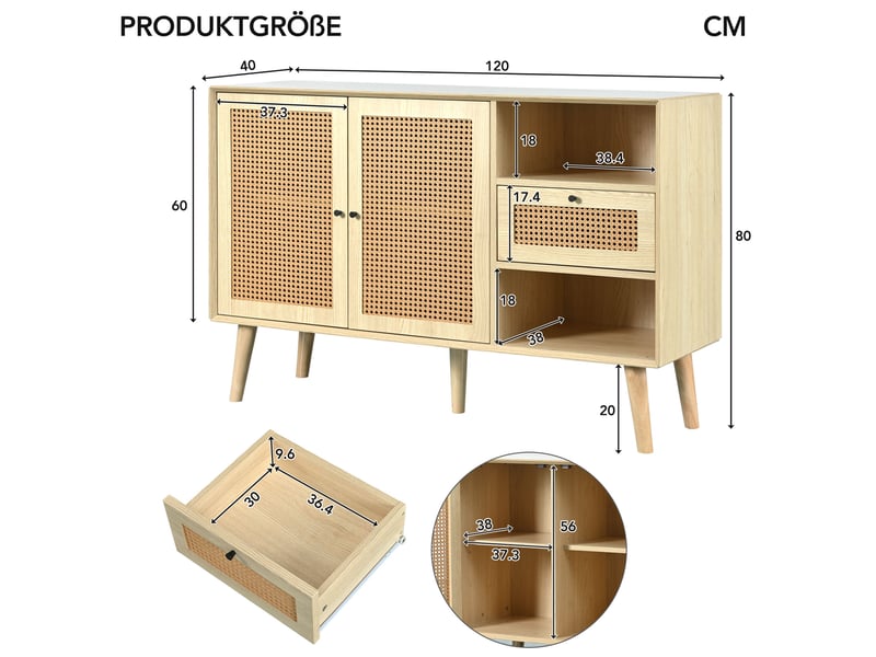  Buffet bas en mdf effet chêne – 2 portes magnétiques, 1 tiroir et cannage – 120 x 40 x 80 cm  - Conforama C