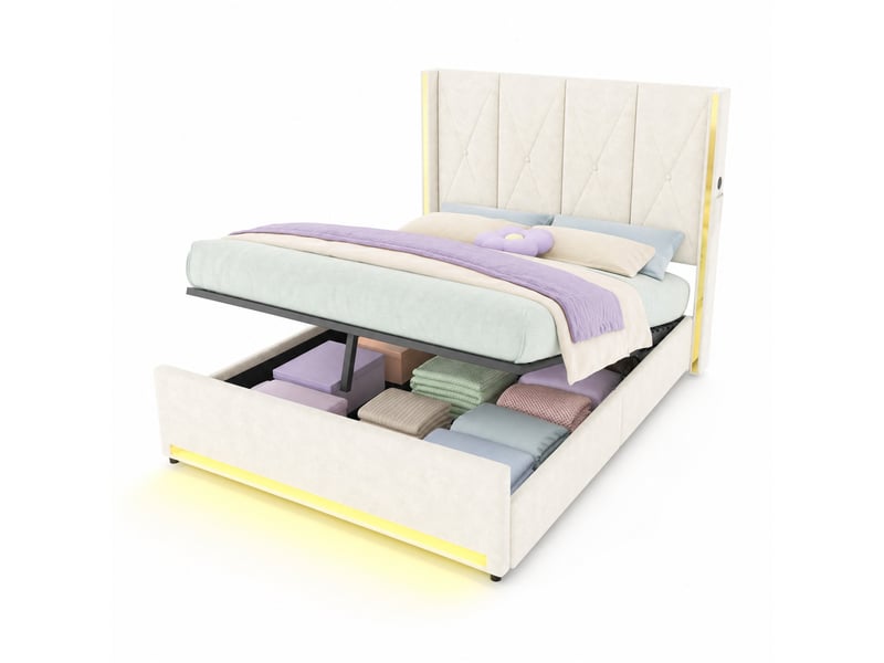  Lit coffre double 160×200 cm avec usb, type-c, led réglable et poches - okmyhome- beige, sans matelas  - Conforama A