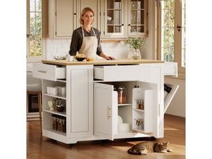 Îlot central cuisine sur roulettes 120x50 cm desserte blanche avec rangement poubelle 3 tiroirs 2 portes