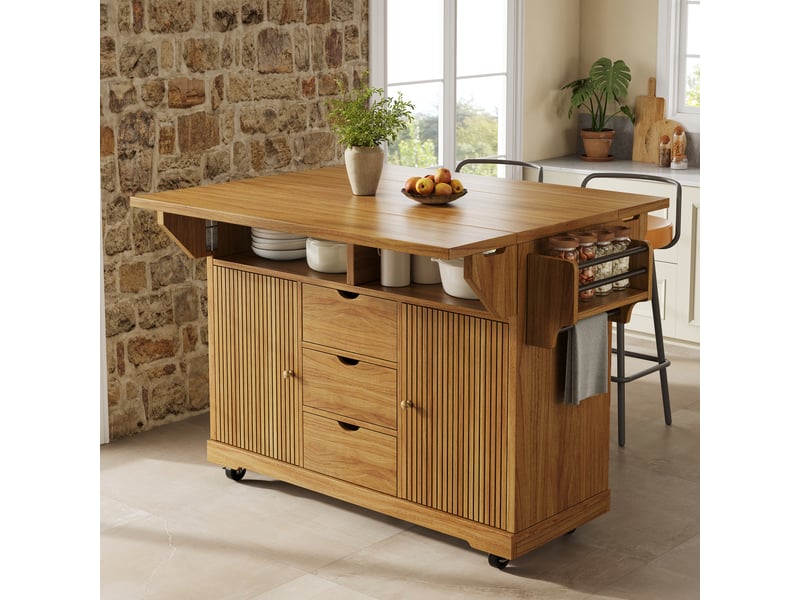  Desserte de cuisine avec rallonges rabattables, chariot de cuisine hauteur ergonomique 95 cm, 3 tiroirs et roulettes, marron foncé  - Conforama R