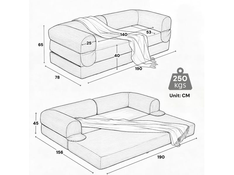  Canapé convertible 2 places 190.00×78.00×65.00 cm en velours côtelé noir chicfurn  - Conforama D