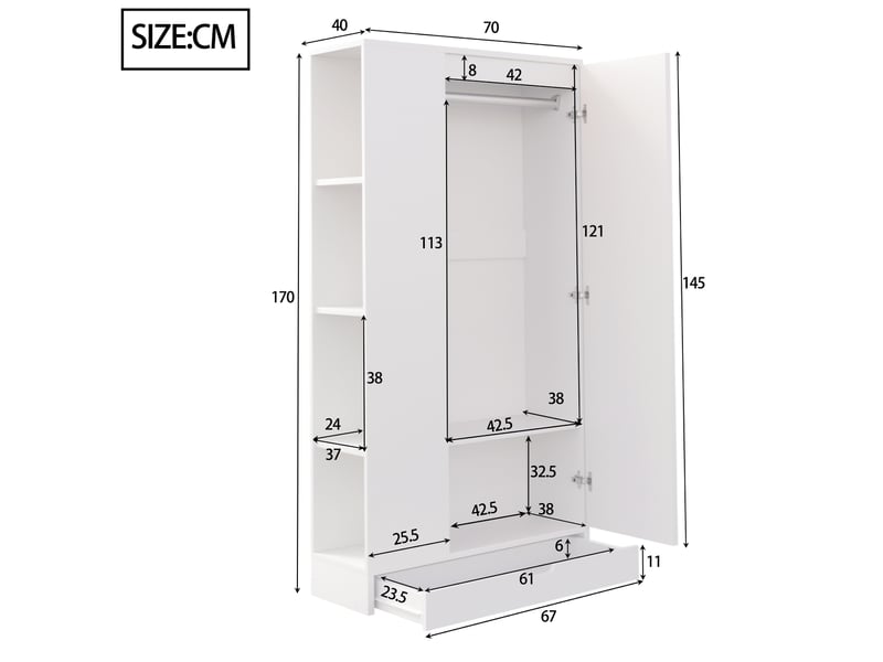 Armoire avec 1 porte, étagères et tiroirs, rangement modulable pour chambre ou bureau, en bois blanc, 70 × 40 × 170 cm - Conforama D