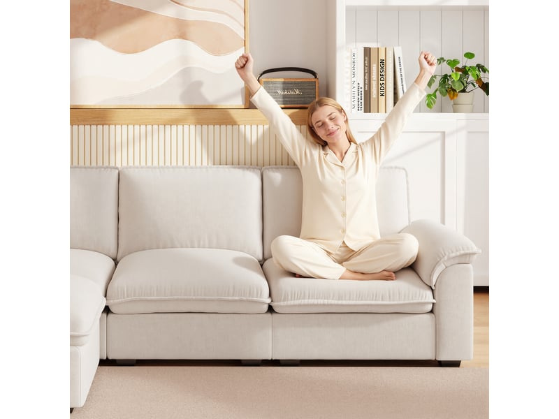 Canapé d'angle modulable en chenille beige avec ottomane déplaçable 257 x 128 x 90 cm, 4 places - Conforama W