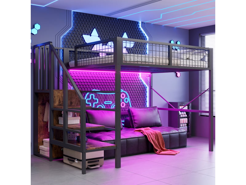Lit mezzanine 140x200 cm en métal avec échelle de rangement, éclairage led, garde-corps sécurisé et espace bureau ou canapé sous le lit - noir - Conforama E