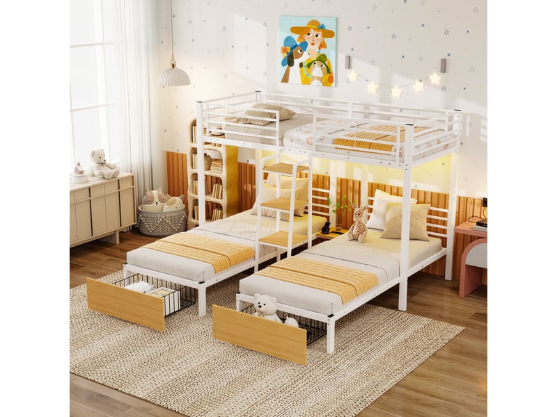  Lit superposé 90x200 cm 3 couchages en l avec échelle intégrée, garde-corps et bibliothèque, lit triple gain de place en métal et mdf blanc brillant  - Conforama B