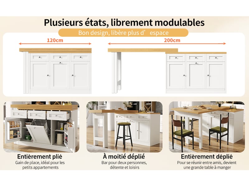  Table bar extensible avec rangement tiroir et porte-snacks support poubelle escamotable design gain de place pour petite cuisine blanc  - Conforama C