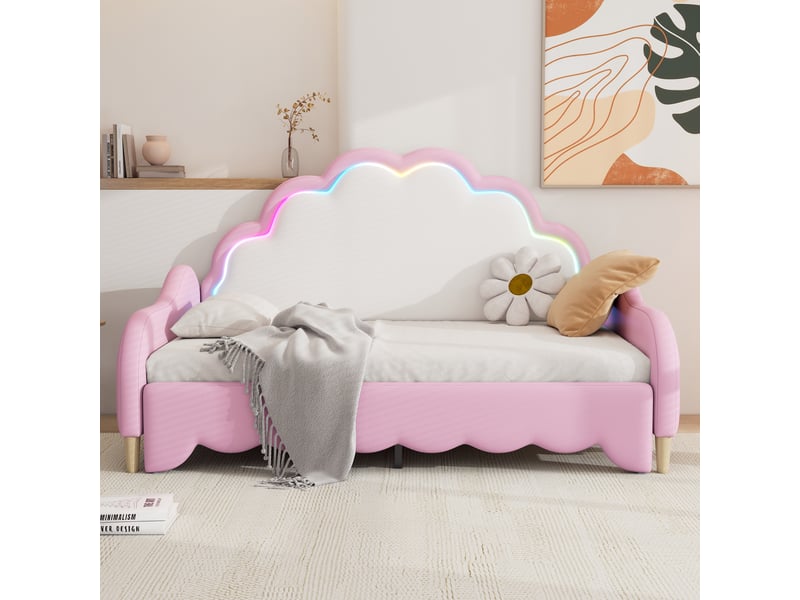  Canapé lit 140x200 rose capitonné en pu - lit double avec led contrôlable par app  - Conforama B