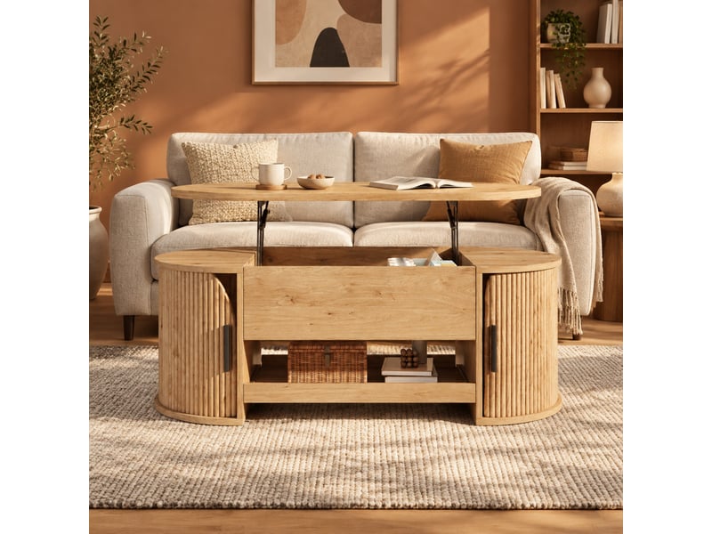  Table basse relevable avec rangement caché, portes coulissantes et tablette coulissante, mdf naturel, 110 × 55 × 55 cm  - Conforama C