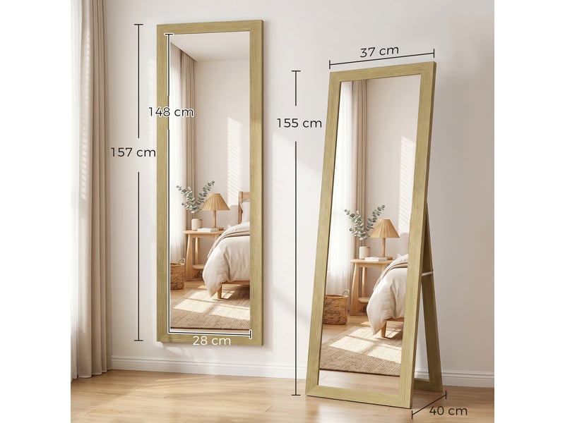  Miroir sur pied 157 x 37 cm avec cadre en mdf, miroir incliné ou mural en chêne  - Conforama E