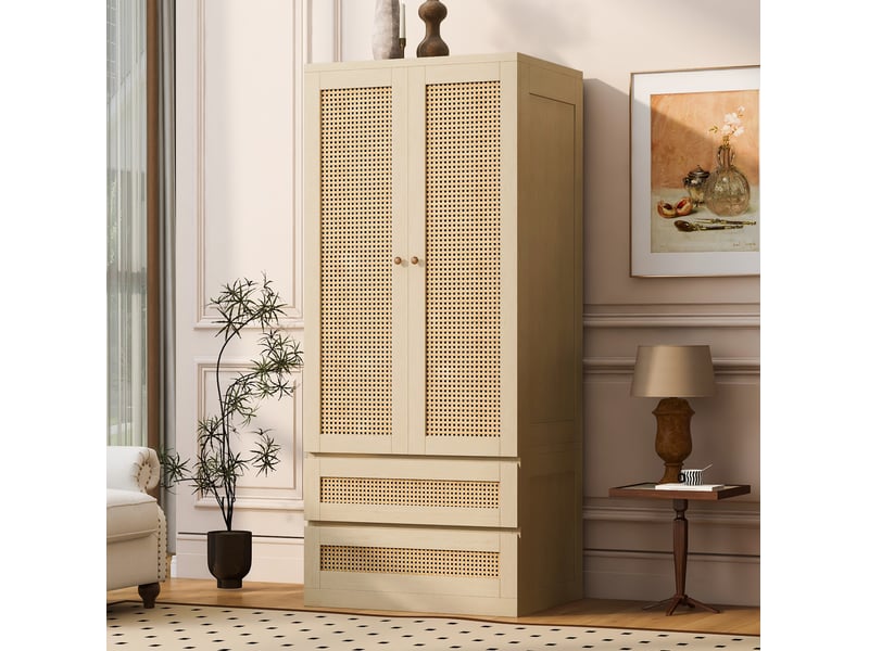  Armoire avec 2 portes effet rotin, 2 tiroirs et grande niche, pour chambre, en bois, couleur bois, 70 × 55 × 170 cm  - Conforama B