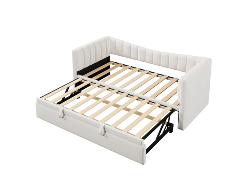 Lit de jour, 90 x 200 cm (180 x 200 cm) lit capitonné avec lit gigogne, canapé-lit, lit simple, lit double (sans matelas), velours, style minimaliste, blanc - Conforama E