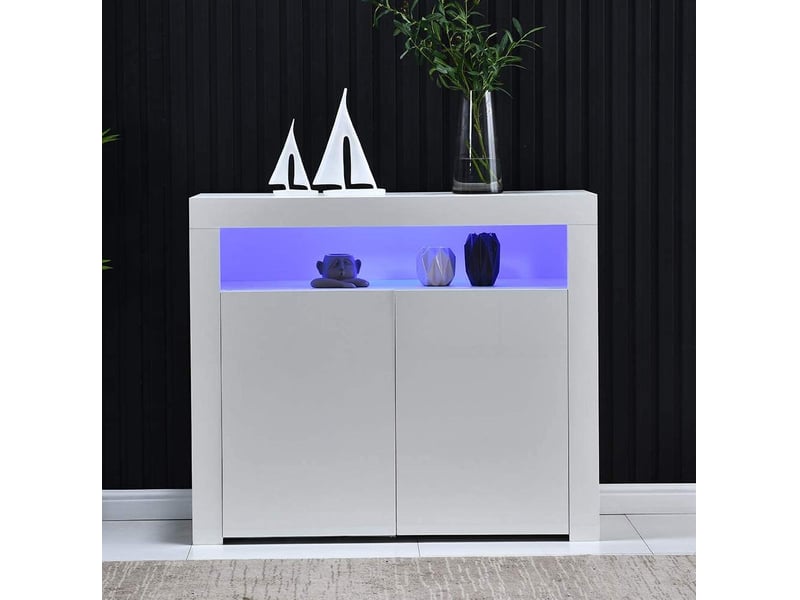  Buffet ulevr de rangement à 2 portes avec led et espace ouvert, 108 x 40 x 92 cm, blanc brillant, alimentation usb  - Conforama D