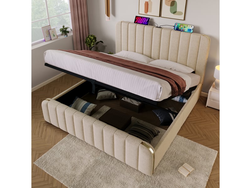  Lit polsteré en lin beige 180 x 200 cm  - Conforama E