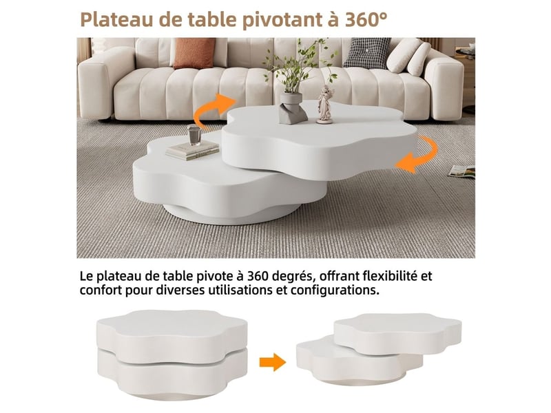 Table basse 700 x 700 x 355 mm blanche en mdf plateau pivotant 360 degrés led pour salon  - Conforama C