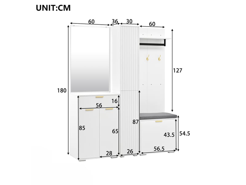 Ensemble vestiaire d’entrée avec miroir et rangement 150x36x180 cm blanc - Conforama C