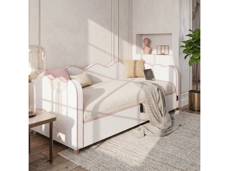 Lit de jour 90x200 cm avec coffre hydraulique — canapé-lit capitonné beige bouclé, usb, dossier inclinable - Conforama B