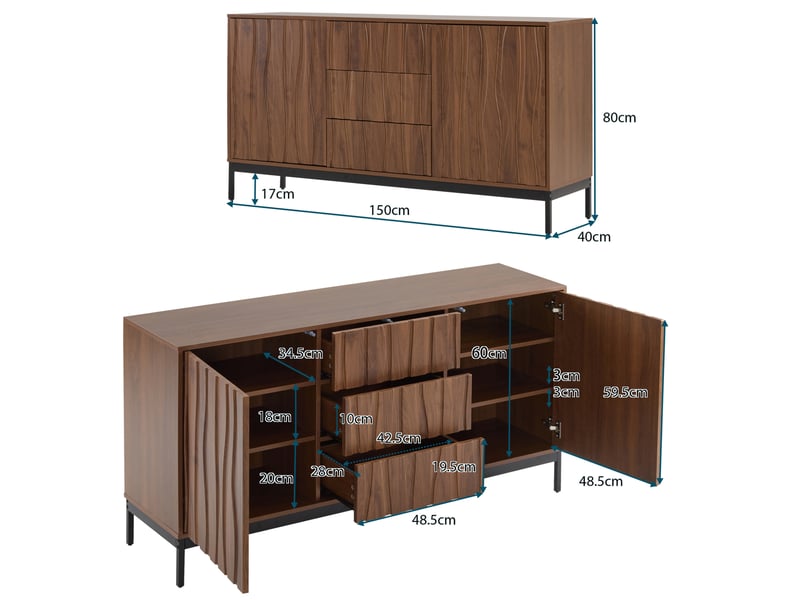  Buffet bas 150 cm effet chêne foncé – 3 tiroirs, 2 portes et étagères réglables  - Conforama D