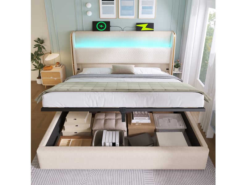  Elvmi lit coffre hydraulique avec grand tête de lit capitonnée effet lin, led intégrée, station de charge usbtype-c, rangement sous le lit, matelas 180x200 cm inclus, coloris beige  - Conforama E