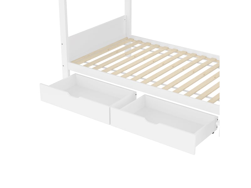 Lit superposé 90 × 200 cm, tiroir, étagères, armoire, escalier-rangement et garde-corps hauts, pin et mdf, blanc - Conforama E