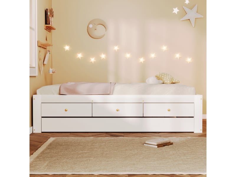  Lit gigogne 90x200 cm avec 3 tiroirs en mdf et bois couleur blanc sans matelas, design moderne  - Conforama D