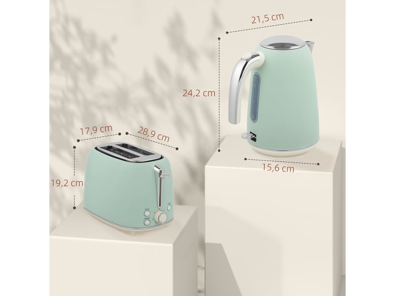  Ensemble bouilloire et grille-pain, vert, bouilloire en acier inoxydable 1,7 l et 2200 w et grille-pain à 2 tranches  - Conforama C