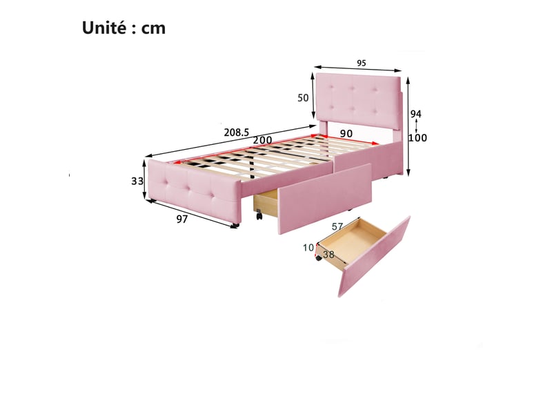 Lit enfant 90x200 cm - lit avec 2 tiroirs et sommier à lattes, confortable avec rangement, moderne en velours rose, sans matelas - Conforama C