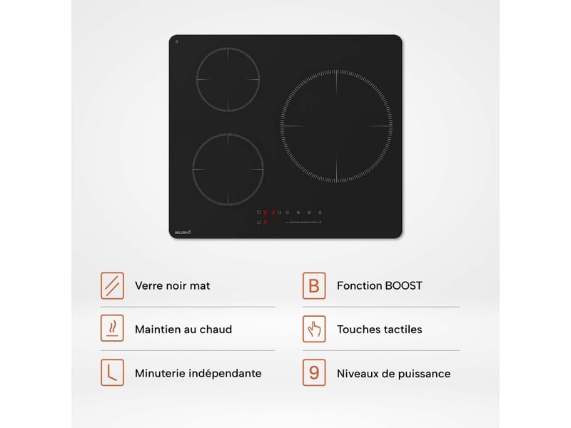 Plaque induction encastrable 3 zones foyer xl 280mm 6500w - verre noir mat antirayure - 3 boosters - pause - marque francaise - Conforama D