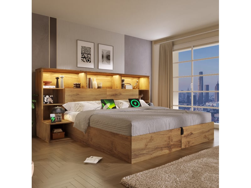  Lit coffre 180x200 cm avec chevets, led, usb-ausb-c et rangement chêne  - Conforama D