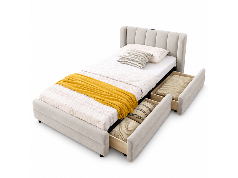  Lit enfant 90 x 200 cm, 1 tiroirs, rangements latéraux, port usb, design ergonomique, tissu chenille doux, beige Bliss Lite - Conforama A