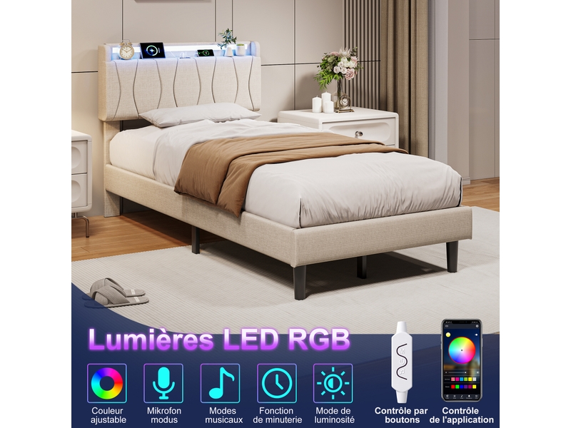  Lit enfant 90x200 cm, lit 1 place avec tête de lit, led, rangement et sommier, port usb et usb-c, lin, beige, sans matelas  - Conforama B