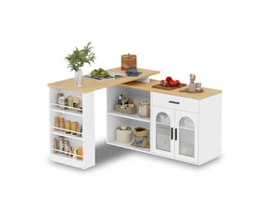Îlot de cuisine fixe 136 x 50 cm, plateau pivotant à 360°, mdf blanc