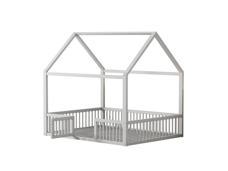  Lit cabane 140x200 cm, lit enfant avec barrière de sécurité, en bois, blanc, sans matelas  - Conforama E