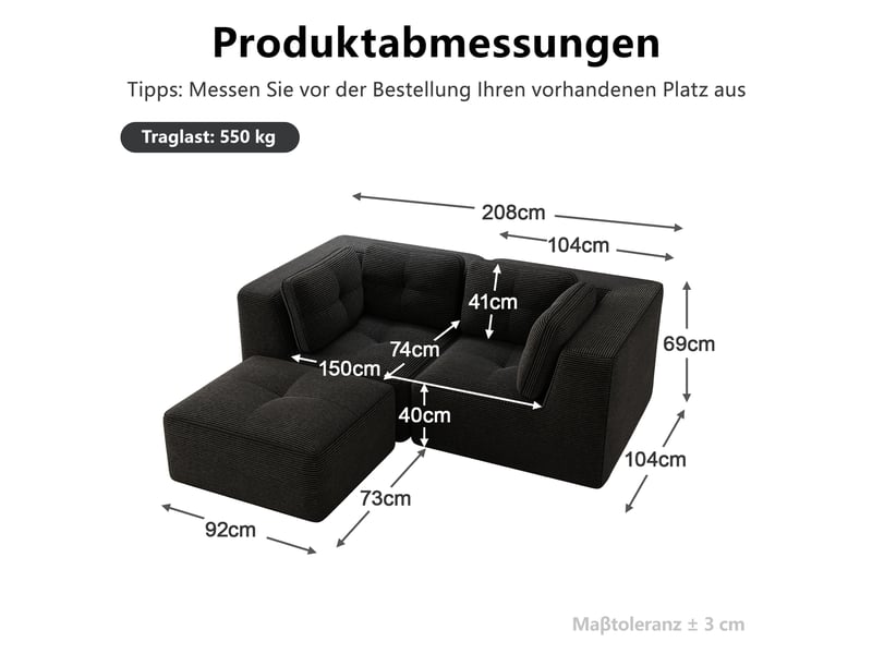 Canapé d'angle, canapé modulable – 2 places, sans cadre, avec repose-pieds, noir, en velours tricoté - Conforama E