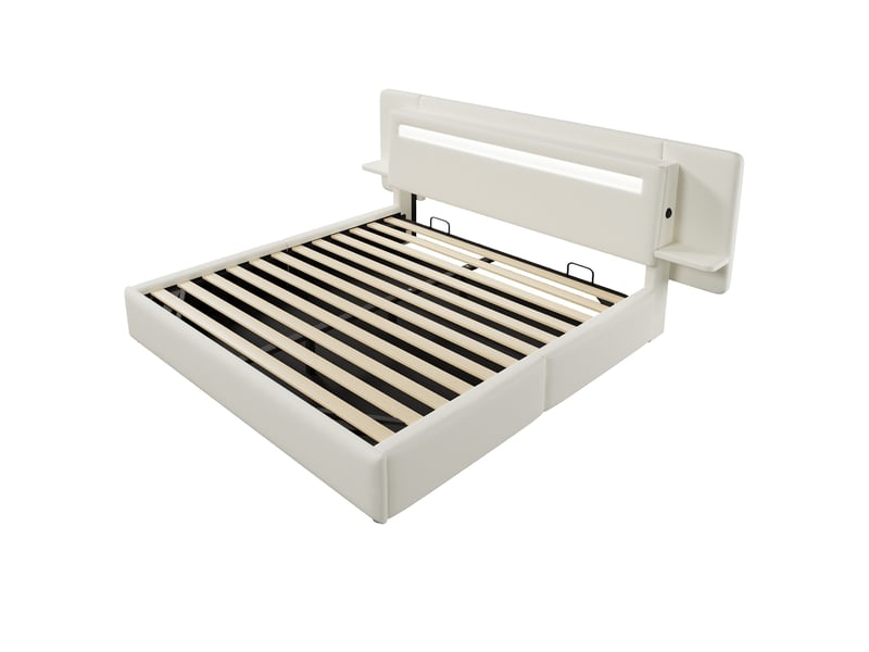  Lit coffre 180x200 cm, lit double rembourré avec led, usb et tablettes de chevet, beige, aspect lin IKSETERA TRADING LTD - Conforama A