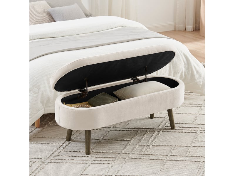  Banc de rangement 110x40x42 cm avec coffre 20 l, pieds en bois, pour chambre et salon, assise tissu chenille, beige  - Conforama D