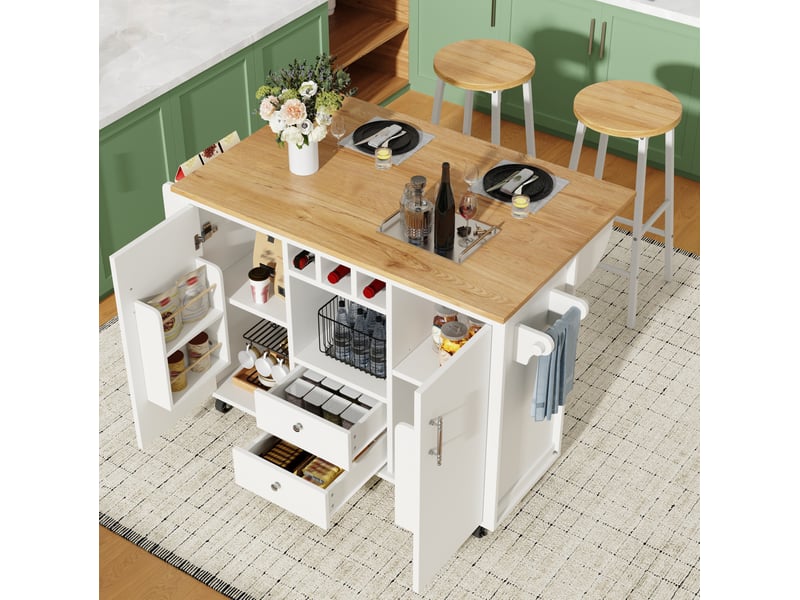 Desserte de cuisine mobile avec 2 tabourets, plateau rabattable et rangement, blanc - Conforama B
