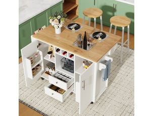 Desserte de cuisine mobile avec 2 tabourets, plateau rabattable et rangement, blanc