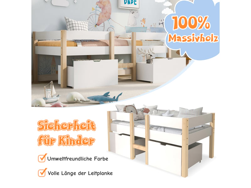 Lit enfant mi hauteur 90x190cm en bois de pin massif, lit simple structure en pin sommier inclus, blanc et chêne - Conforama D