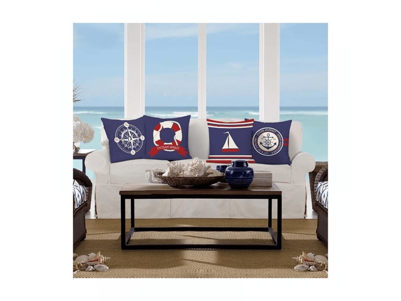  Lot de 4 housse de coussin 45 x 45 cm nautique ancre boussole voilier bleu et rouge polyester lin décoratif taie d'oreiller pour canapé lits chaises v  - Conforama C