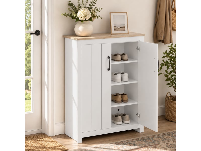  Meuble à chaussures 4 niveaux 12 paires armoire à chaussures 2 portes et étagères réglables 80x32,8x105cm chêne et blanc  - Conforama B